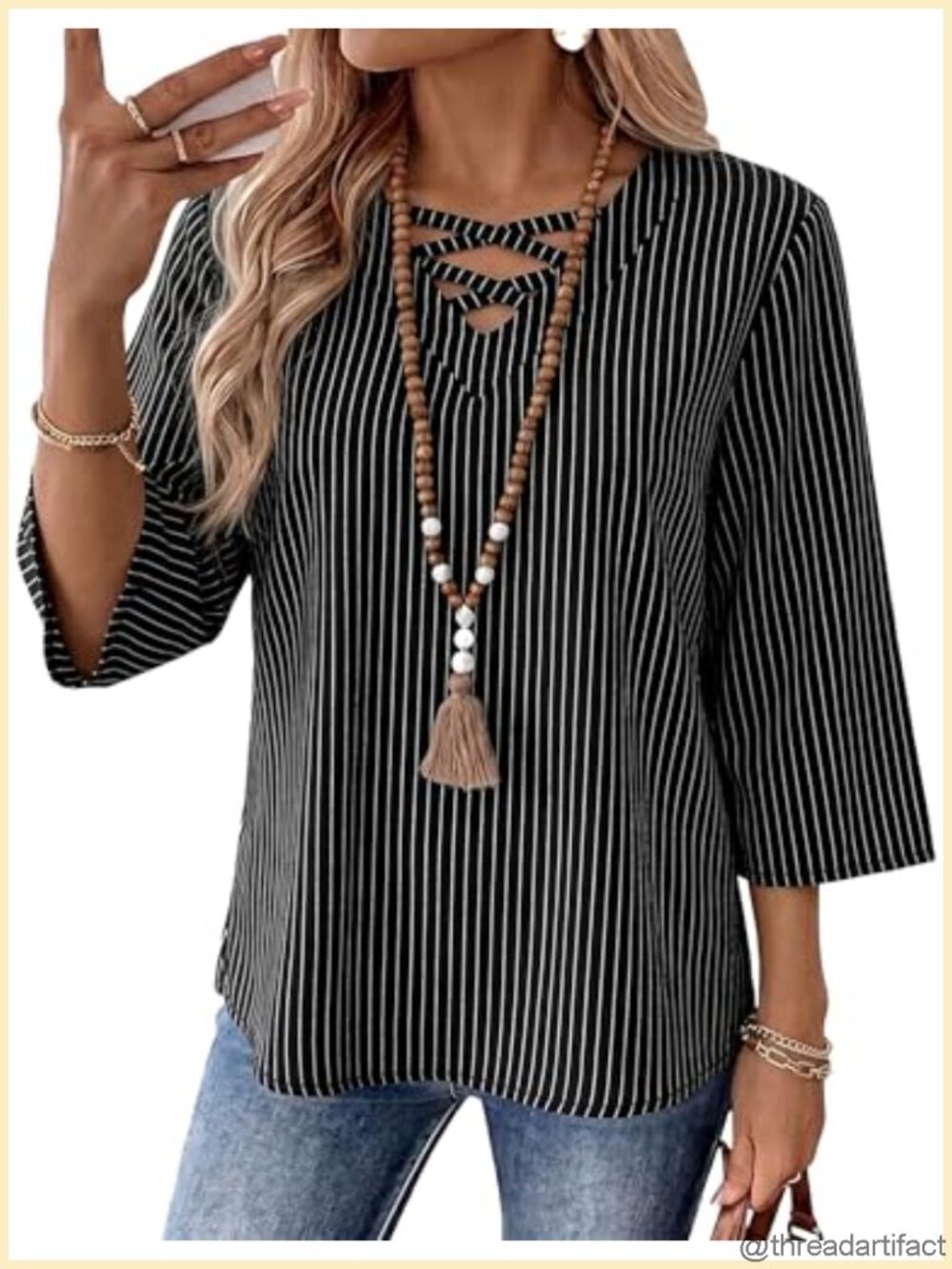 Rapbin Womens 3/4 Sleeve Tunic Top Cotton Linen V Neck Criss Cross Blouse